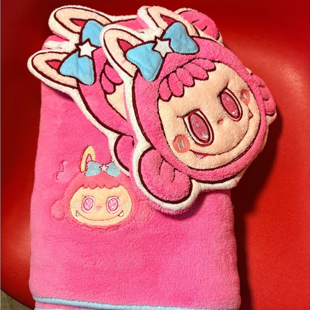 Cute Pink Character Towel set with Blue Accents
